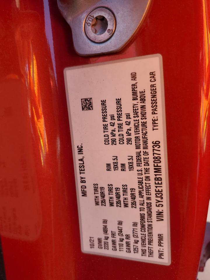 2021 Tesla Model 3 VIN: 5YJ3E1EB1MF087736 Lot: 59519225
