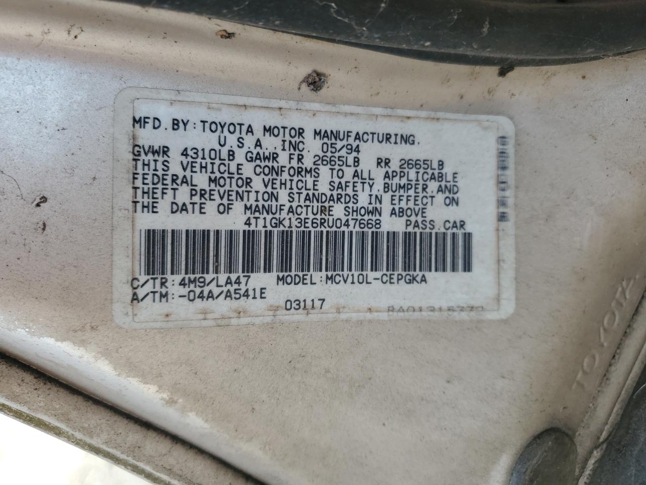 1994 Toyota Camry Xle VIN: 4T1GK13E6RU047668 Lot: 62838305
