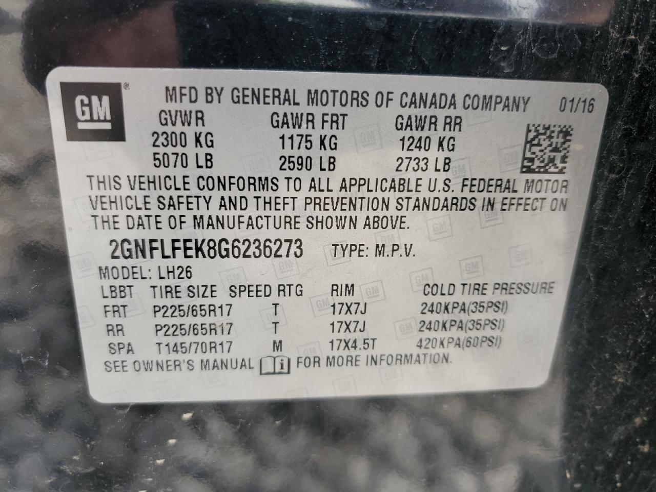 2016 Chevrolet Equinox Lt VIN: 2GNFLFEK8G6236273 Lot: 61788285