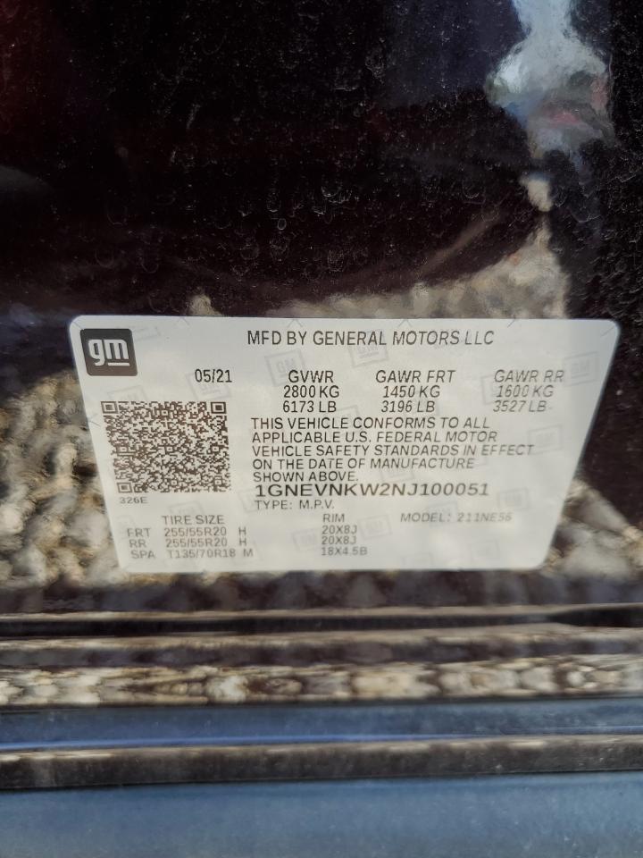 2022 Chevrolet Traverse High Country VIN: 1GNEVNKW2NJ100051 Lot: 62168255
