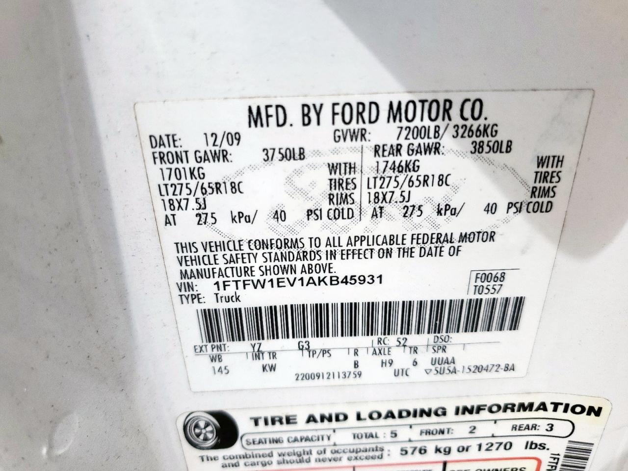 2010 Ford F150 Supercrew VIN: 1FTFW1EV1AKB45931 Lot: 61852275