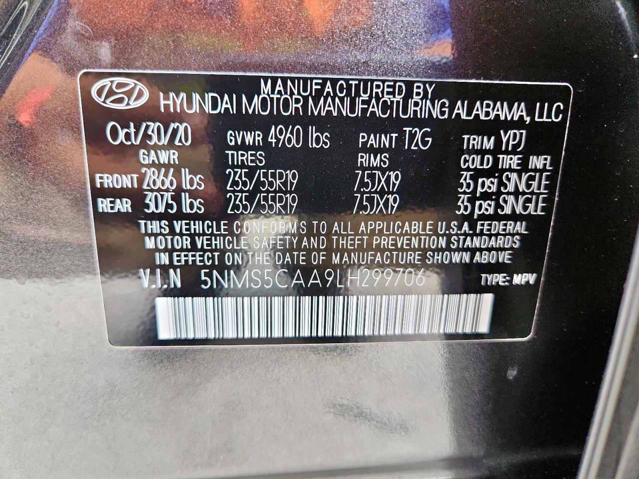 2020 Hyundai Santa Fe Limited VIN: 5NMS5CAA9LH299706 Lot: 59479855