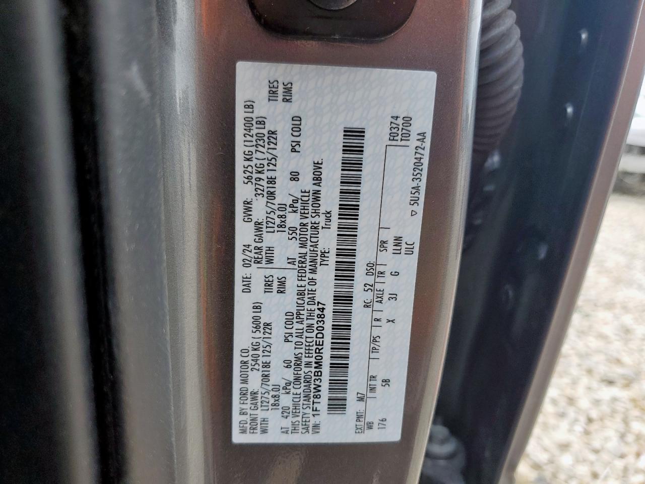 2024 Ford F350 Super Duty VIN: 1FT8W3BM0RED03847 Lot: 61244705