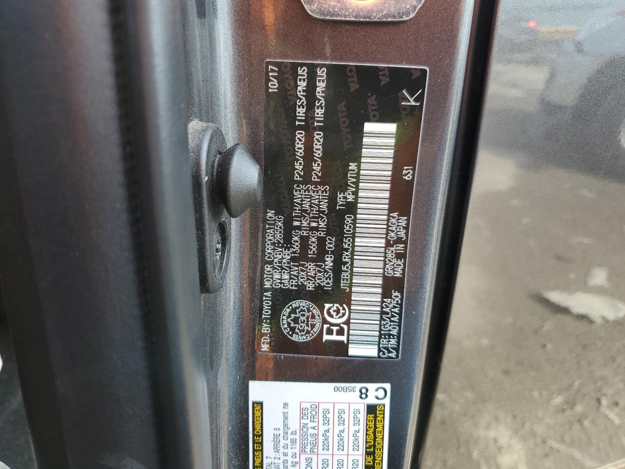 2018 Toyota 4Runner Sr5/Sr5 Premium VIN: JTEBU5JRXJ5510590 Lot: 62786435