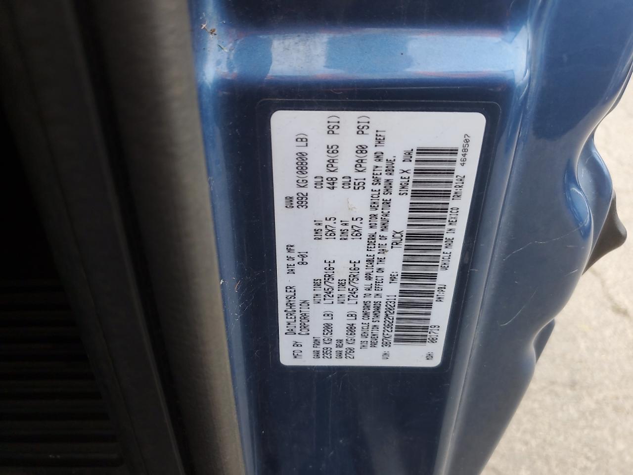 2002 Dodge Ram 2500 VIN: 3B7KF23622M202311 Lot: 62088975