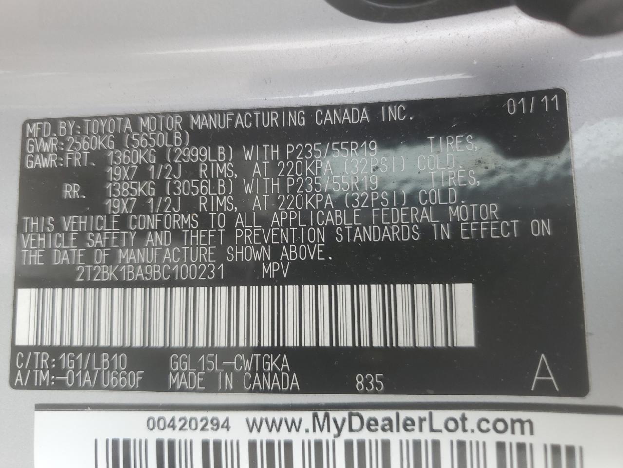 2011 Lexus Rx 350 VIN: 2T2BK1BA9BC100231 Lot: 62748695