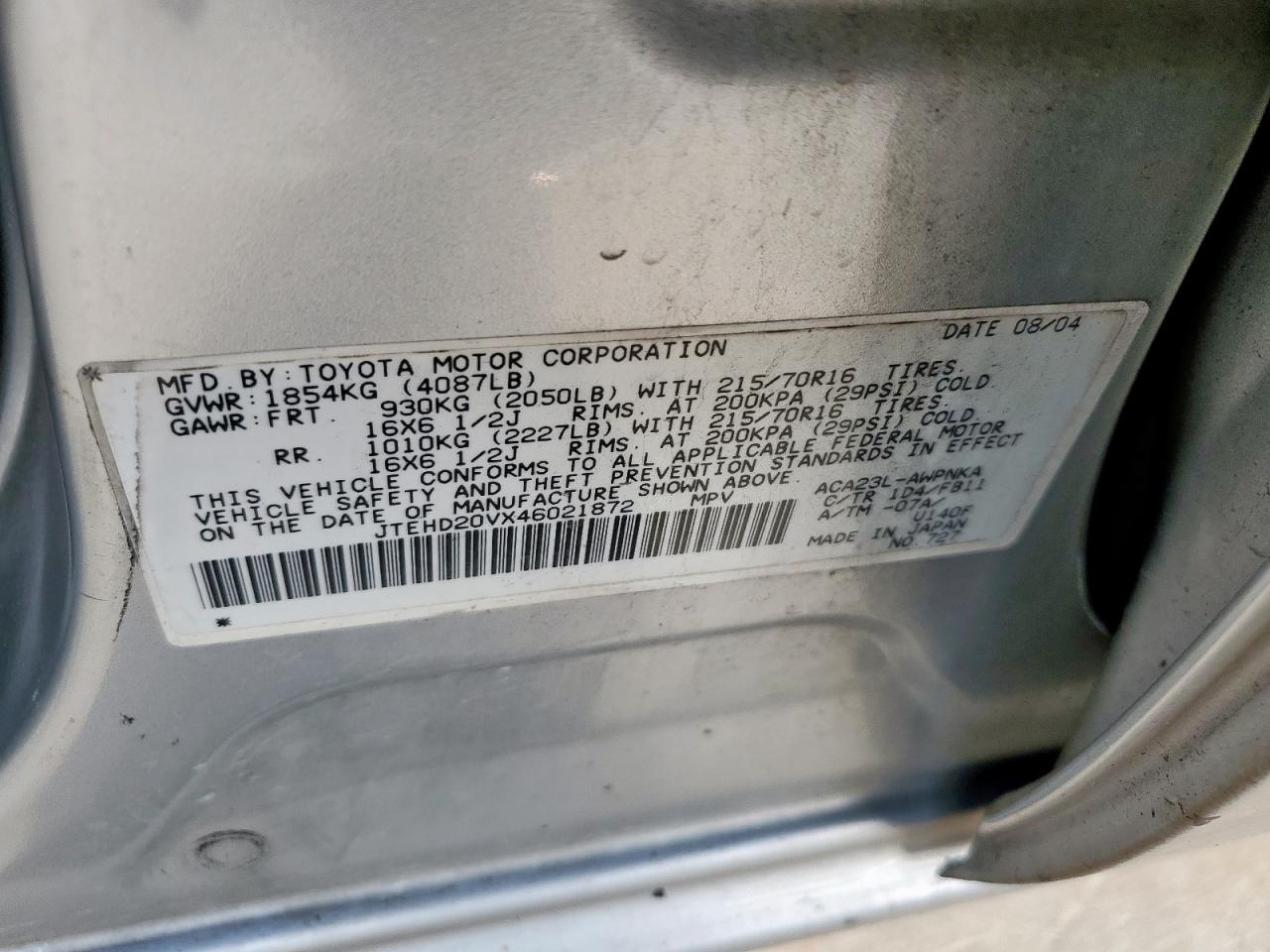 2004 Toyota Rav4 VIN: JTEHD20VX46021872 Lot: 62567745