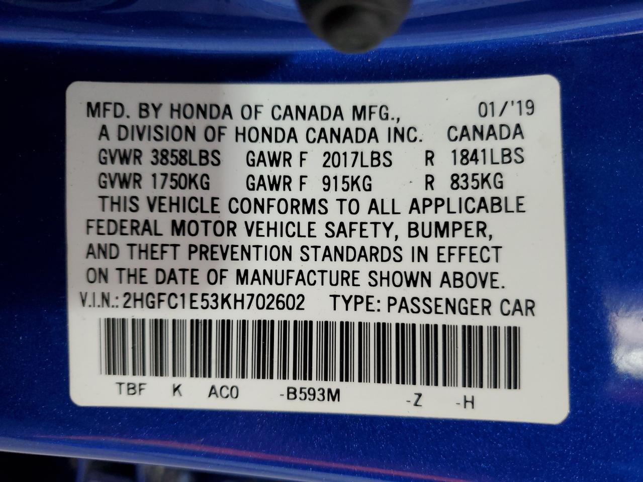 HONDA CIVIC 2019 VIN 2HGFC1E53KH702602 фото 12