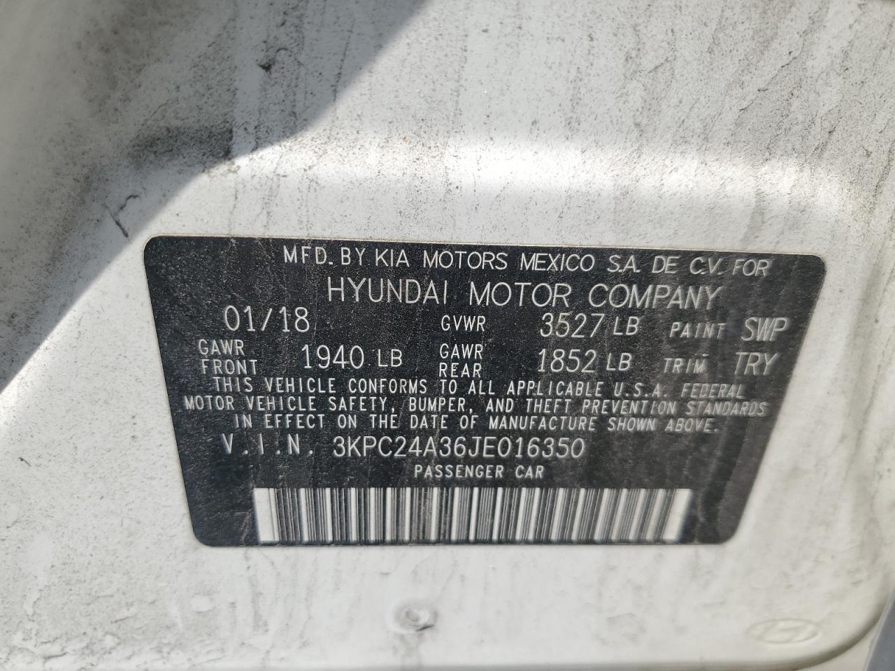 2018 Hyundai Accent Se VIN: 3KPC24A36JE016350 Lot: 60994635