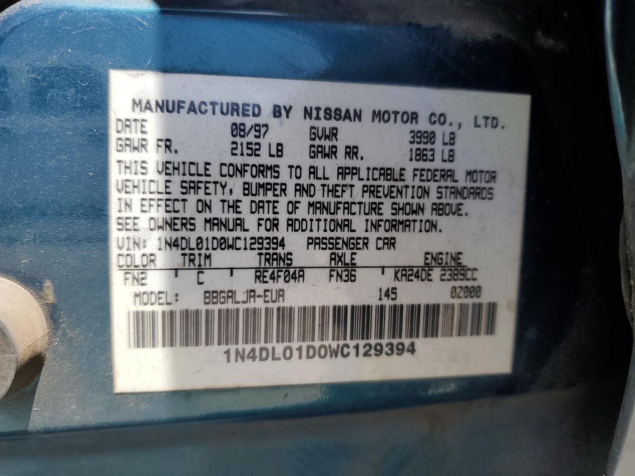 1998 Nissan Altima Xe VIN: 1N4DL01D0WC129394 Lot: 61763325