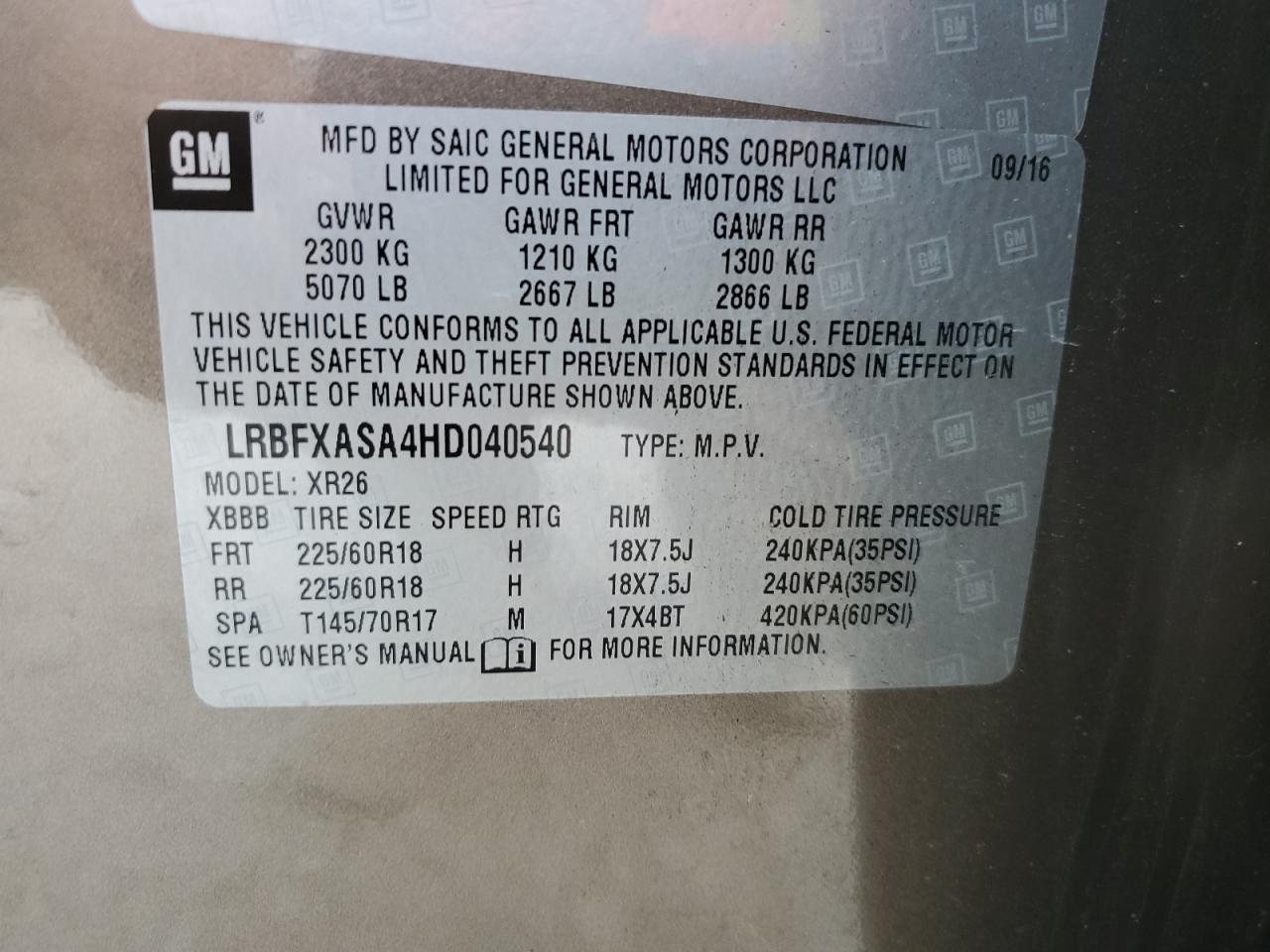 2017 Buick Envision Preferred VIN: LRBFXASA4HD040540 Lot: 62864155