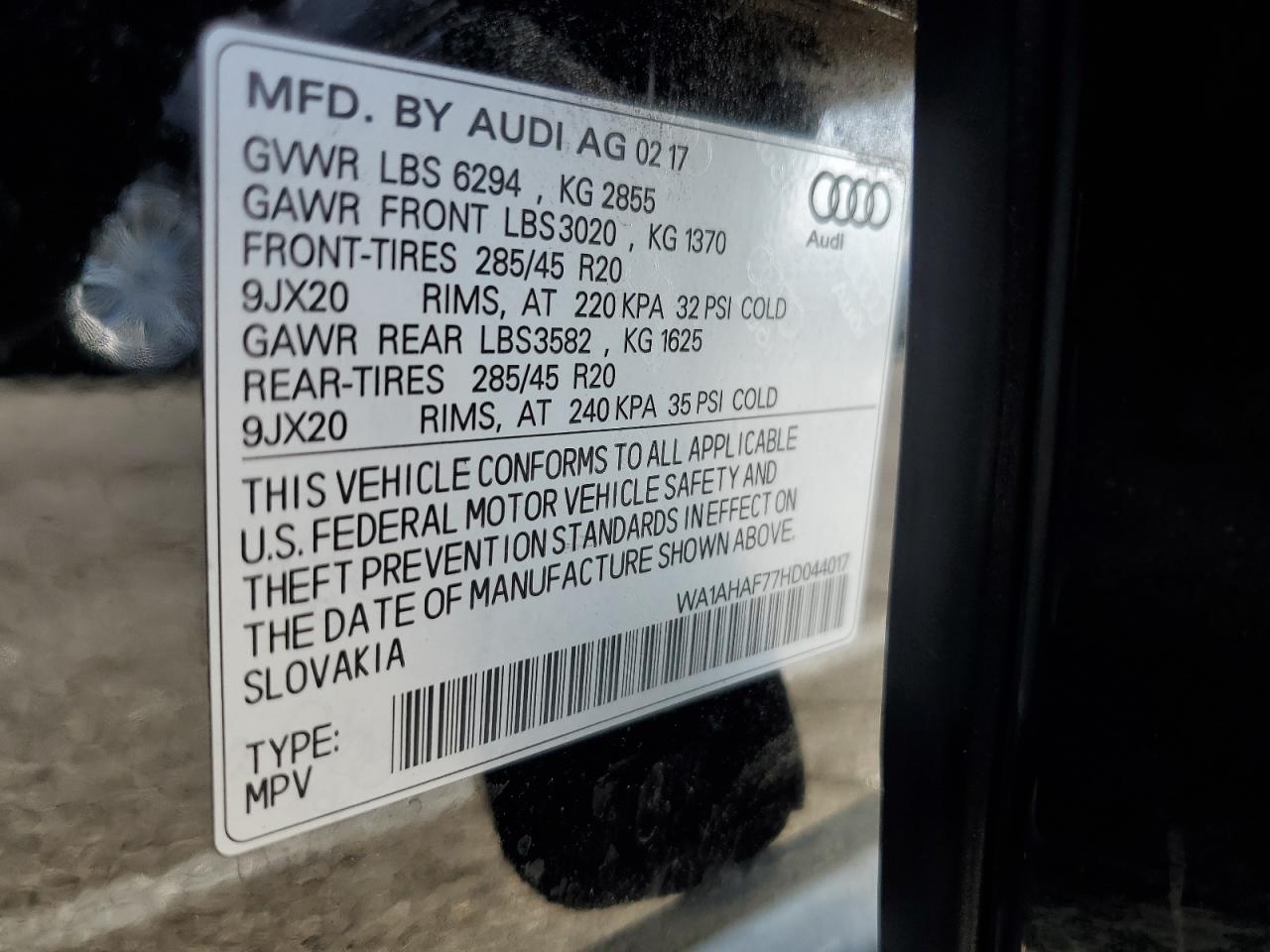 2017 Audi Q7 Premium VIN: WA1AHAF77HD044017 Lot: 62367705