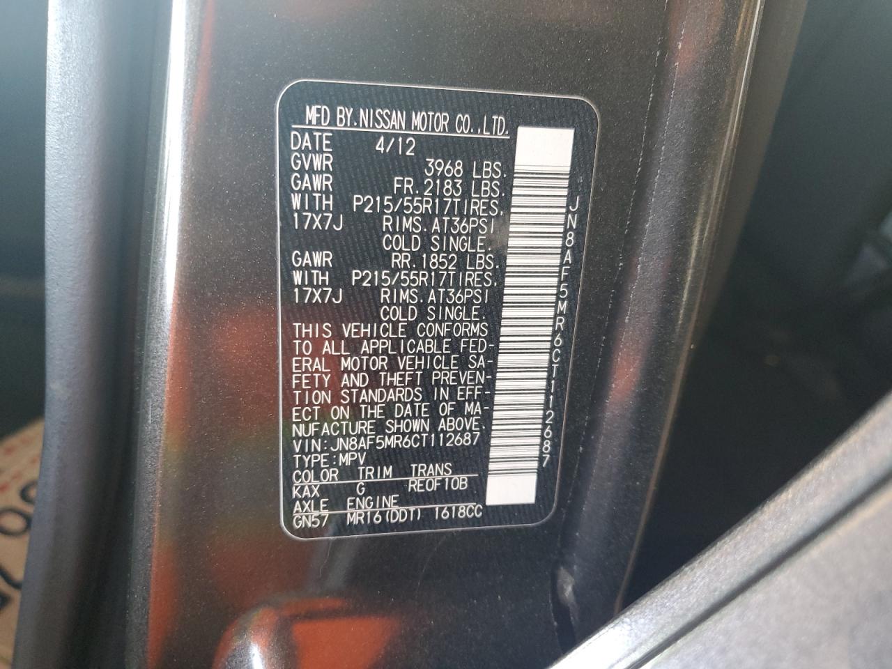 2012 Nissan Juke S VIN: JN8AF5MR6CT112687 Lot: 62950965