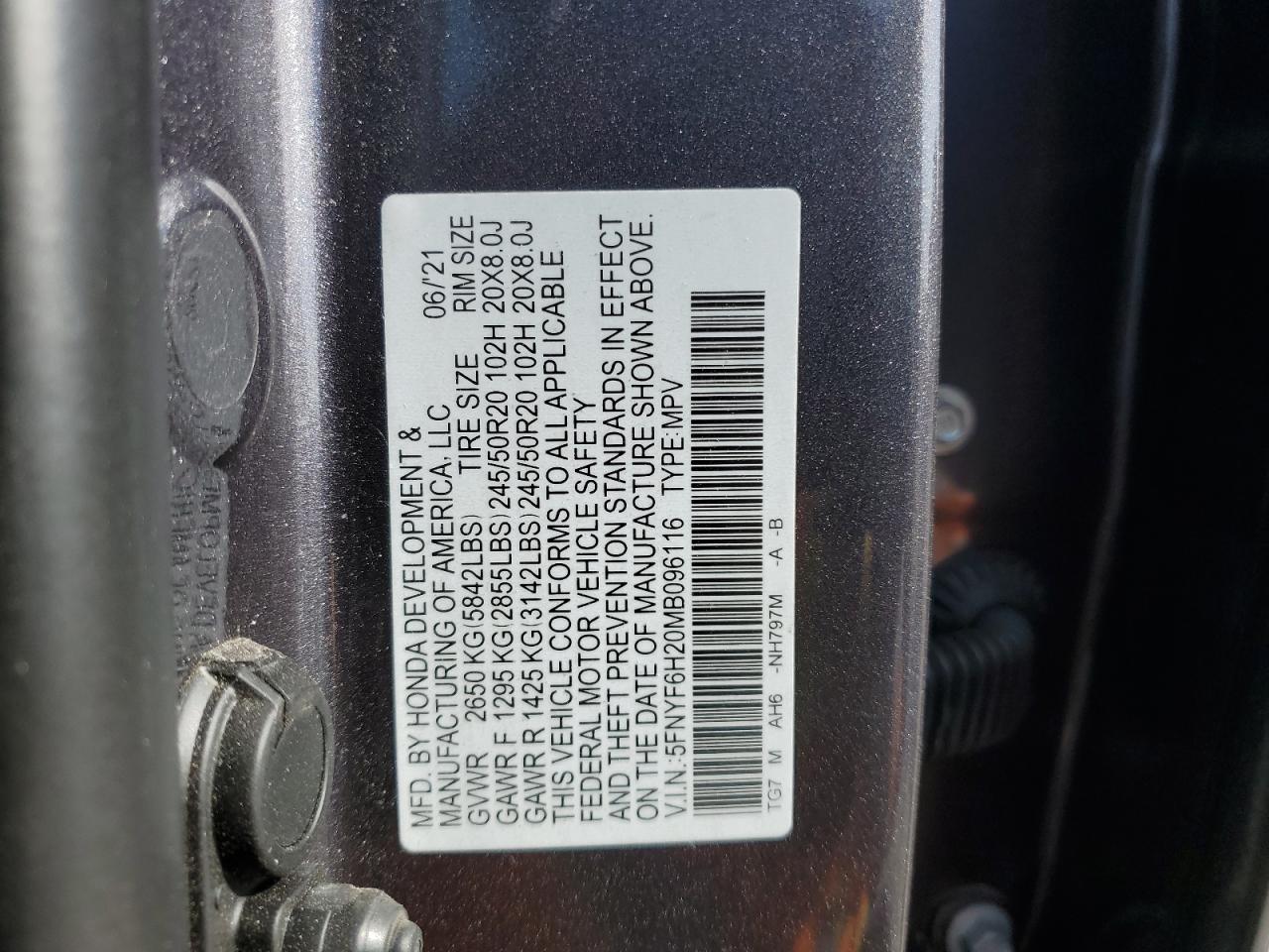 2021 Honda Pilot Se VIN: 5FNYF6H20MB096116 Lot: 61870205