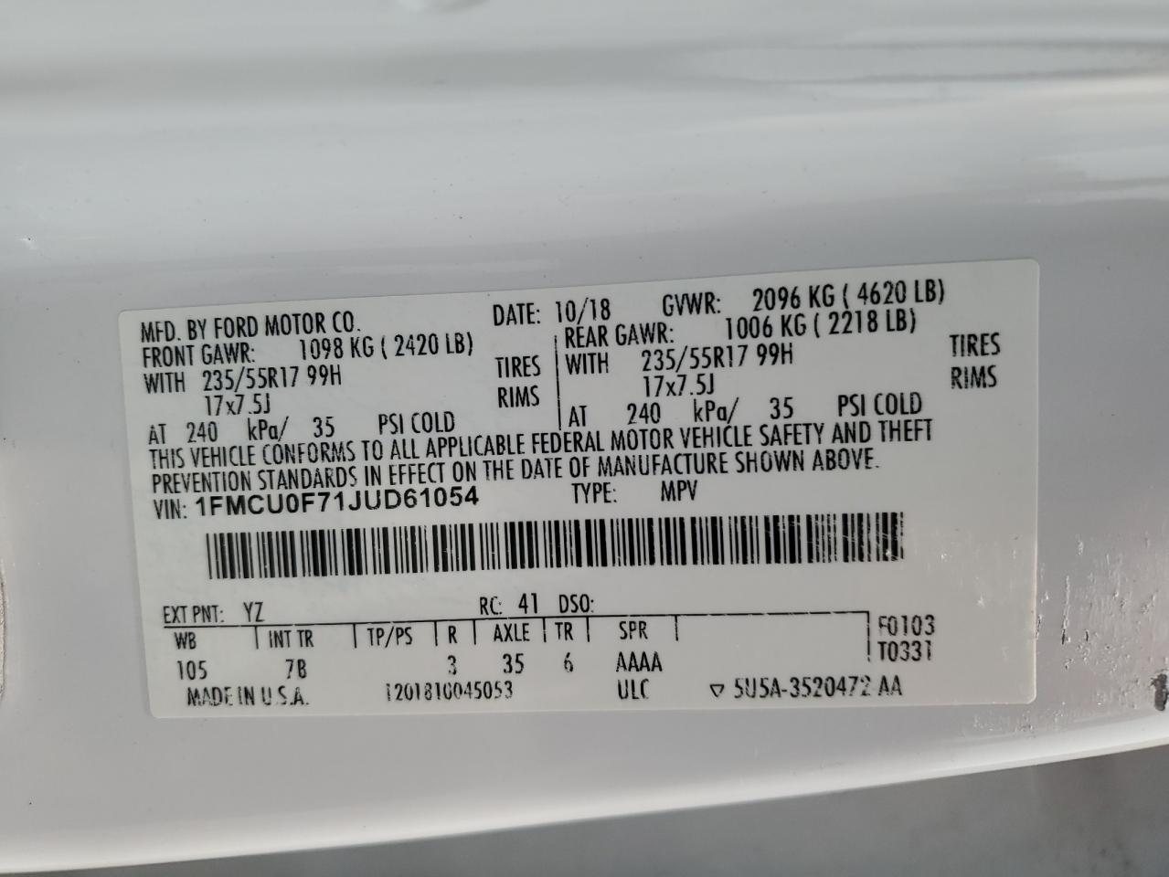 2018 Ford Escape S VIN: 1FMCU0F71JUD61054 Lot: 57117295