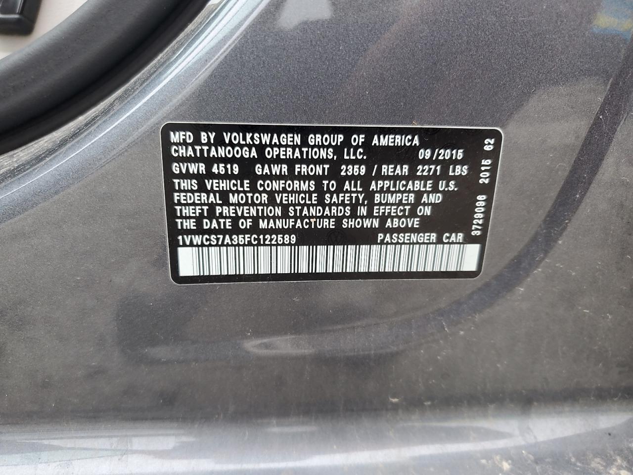 2015 Volkswagen Passat Sel VIN: 1VWCS7A35FC122589 Lot: 59526075