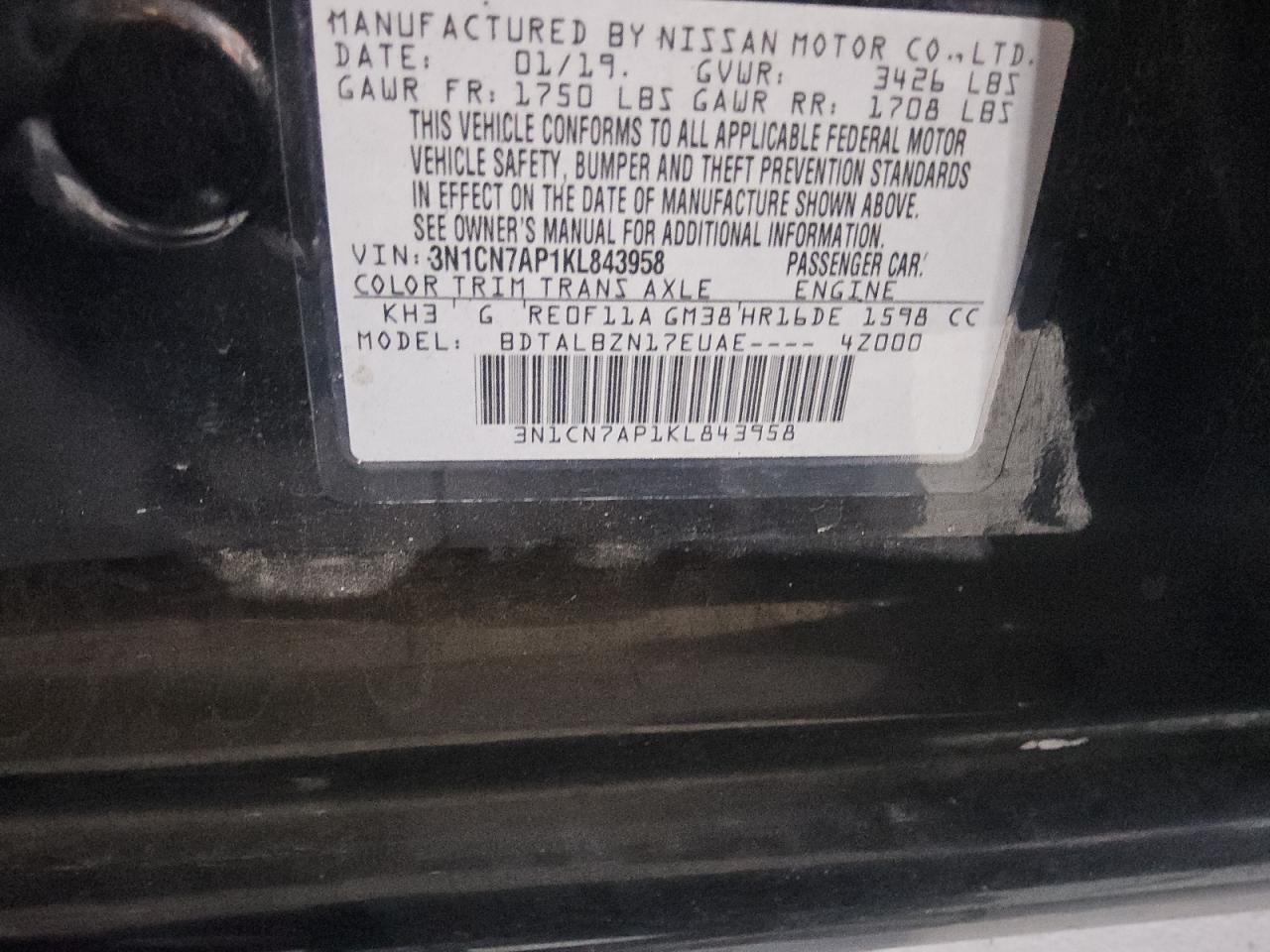 2019 Nissan Versa S VIN: 3N1CN7AP1KL843958 Lot: 60756975