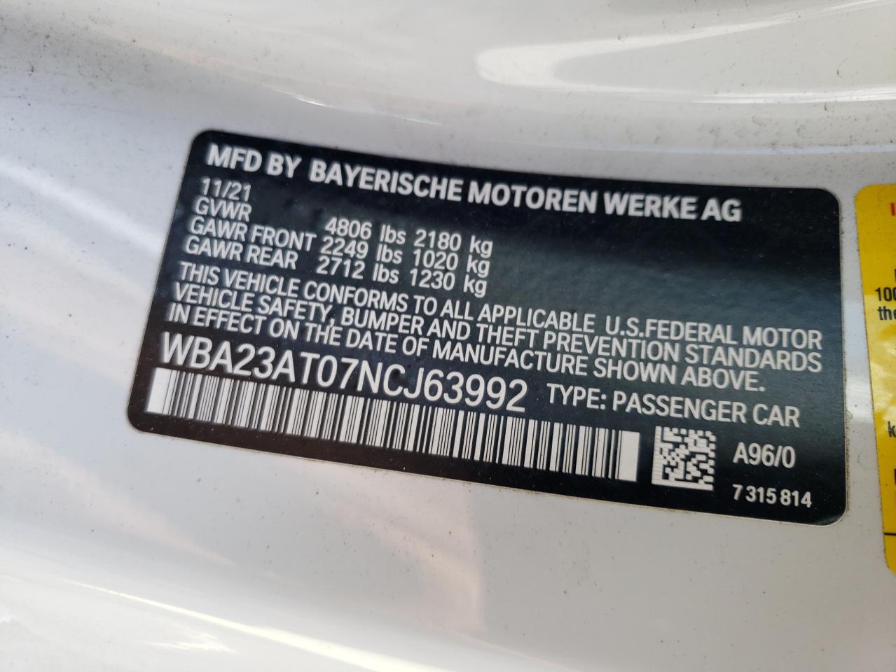 2022 BMW 430I VIN: WBA23AT07NCJ63992 Lot: 62654585