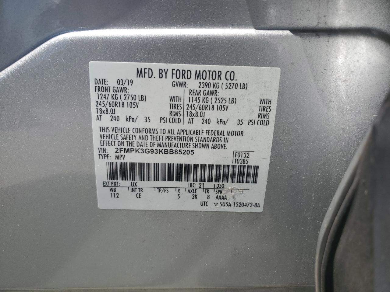 2019 Ford Edge Se VIN: 2FMPK3G93KBB85205 Lot: 61530475