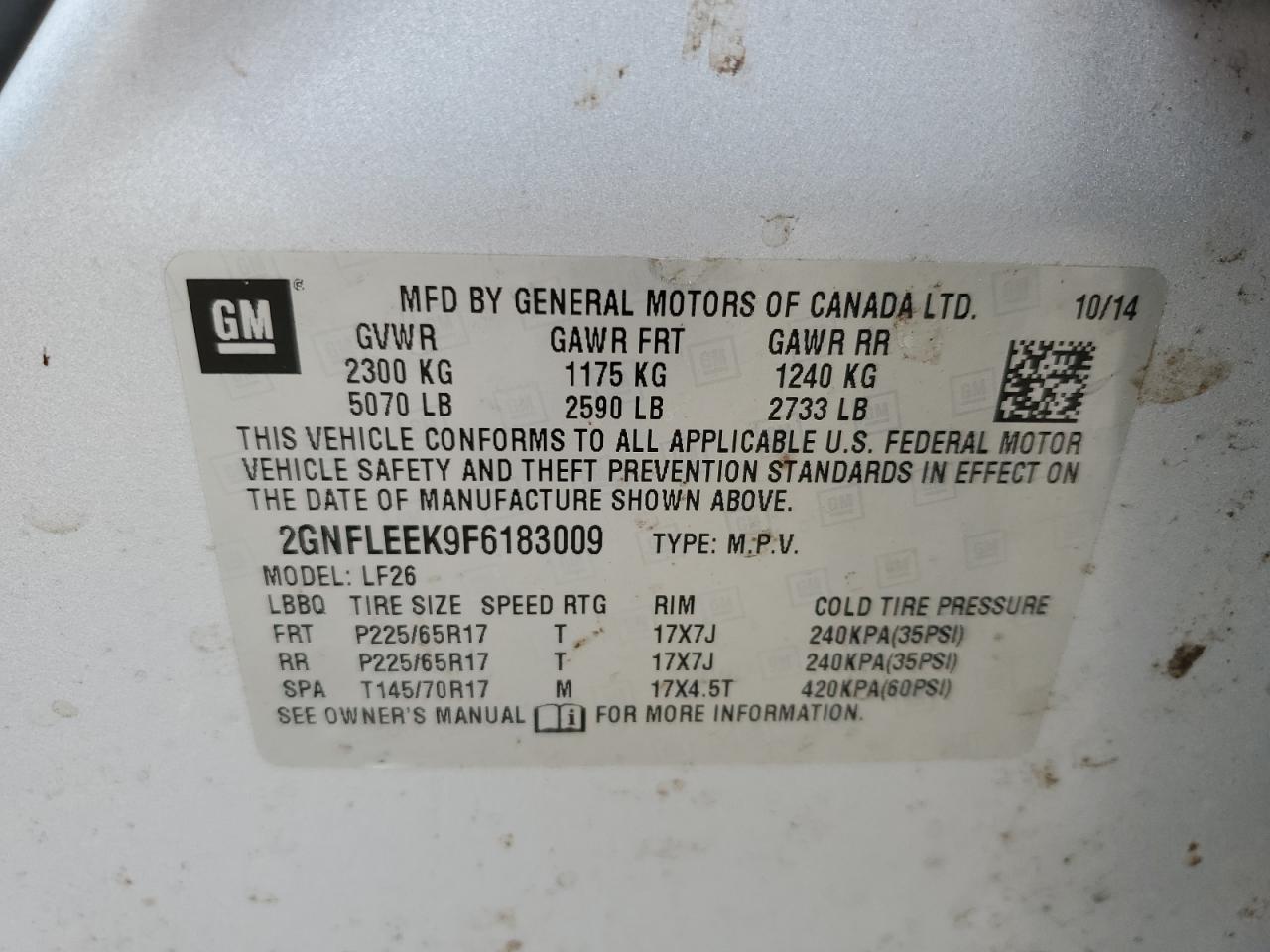 CHEVROLET EQUINOX 2015 VIN 2GNFLEEK9F6183009 zdjęcie 13