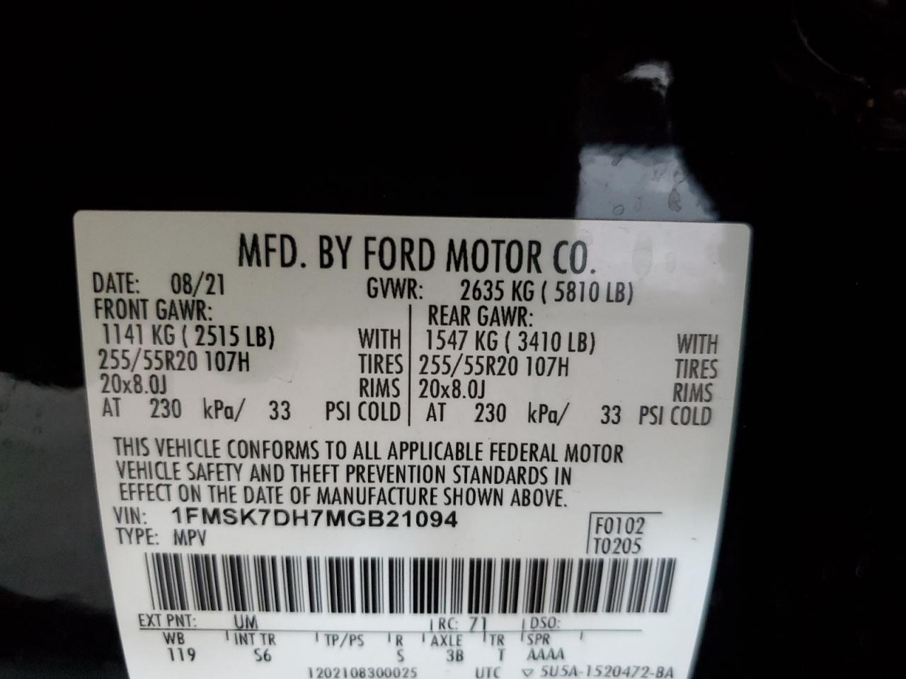 2021 Ford Explorer Xlt VIN: 1FMSK7DH7MGB21094 Lot: 60326695