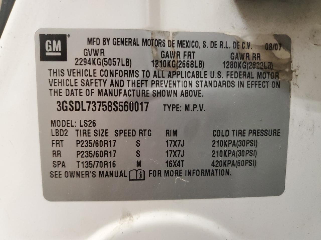 2008 Saturn Vue Xr VIN: 3GSDL73758S560017 Lot: 59916285