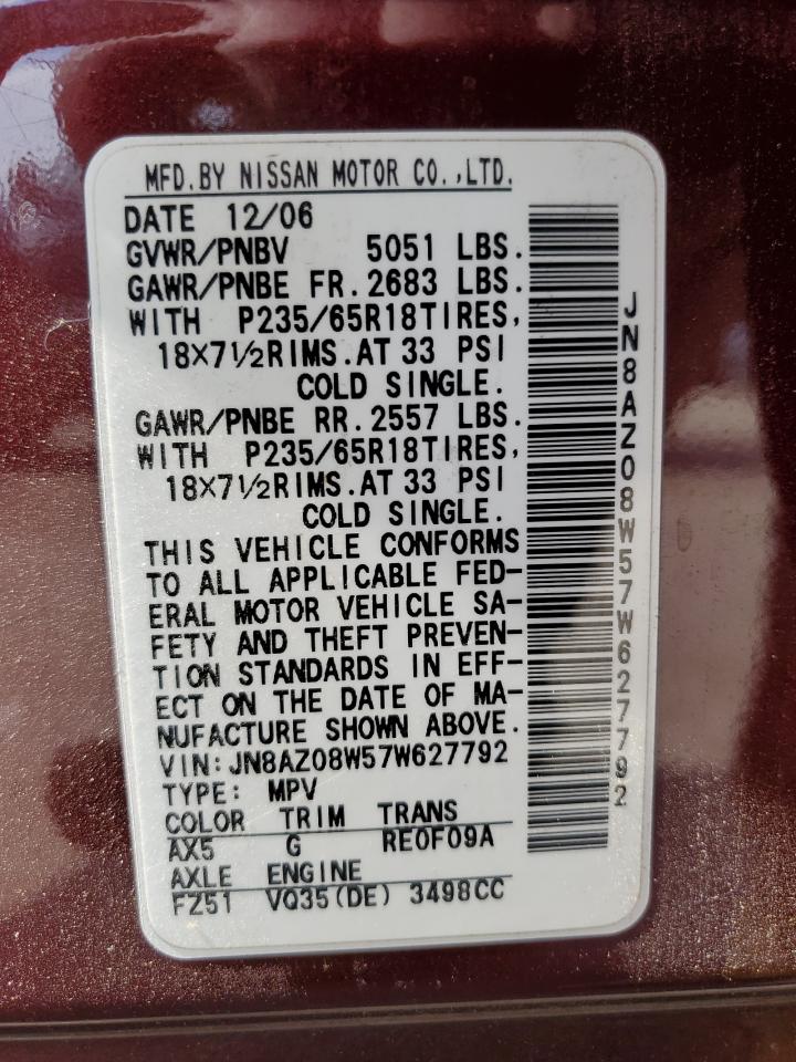 2007 Nissan Murano Sl VIN: JN8AZ08W57W627792 Lot: 62485355