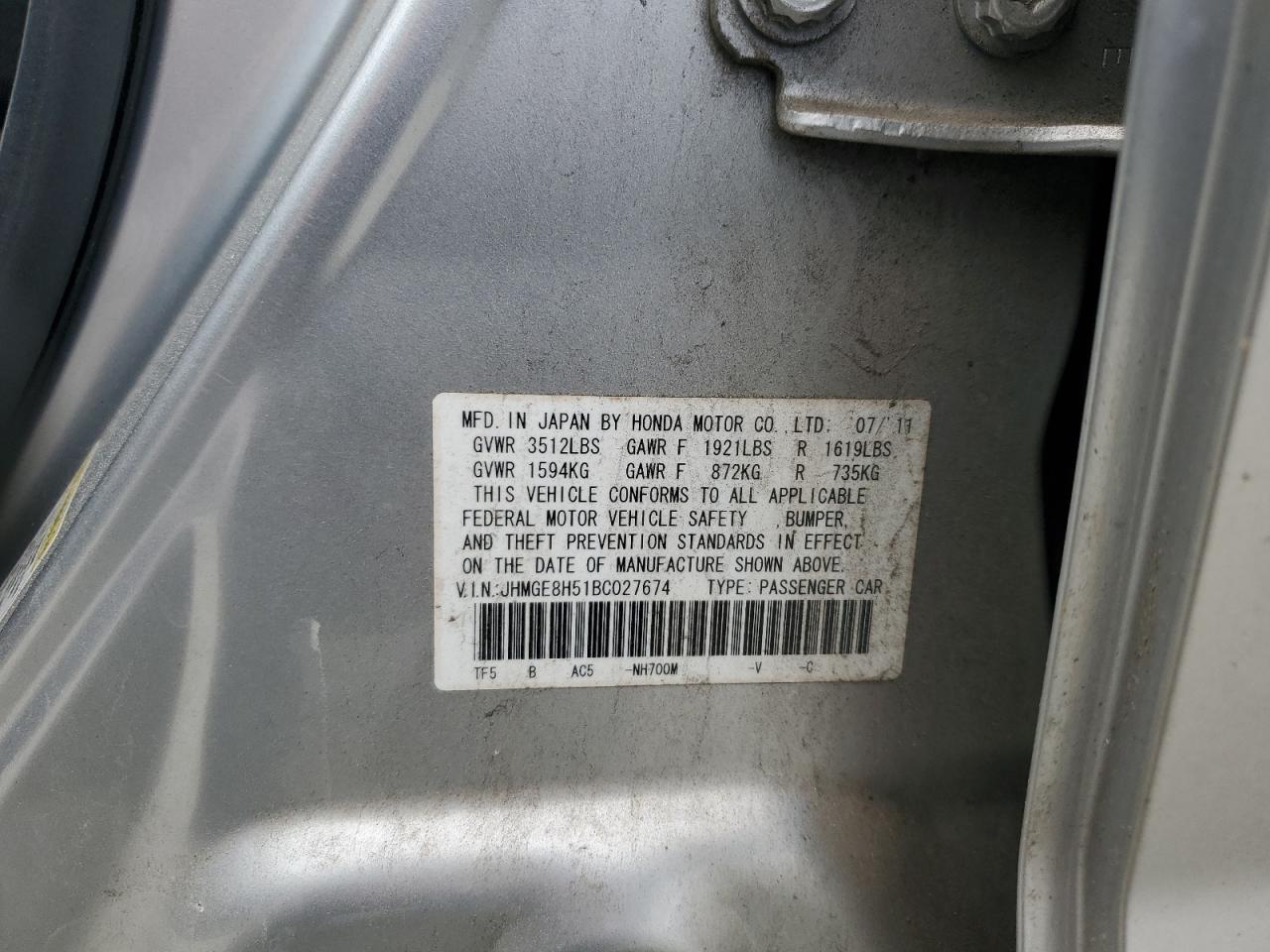 2011 Honda Fit Sport VIN: JHMGE8H51BC027674 Lot: 60194225