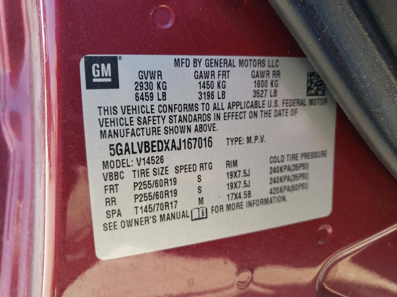 2010 Buick Enclave Cxl VIN: 5GALVBEDXAJ167016 Lot: 59659595