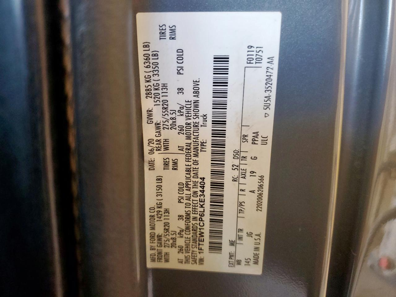 2020 Ford F150 Supercrew VIN: 1FTEW1CP6LKE34404 Lot: 62917815