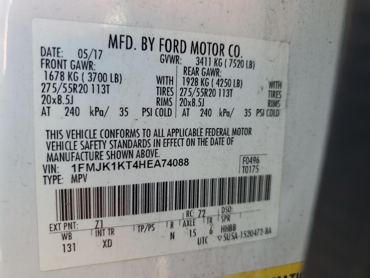 2017 Ford Expedition El Limited VIN: 1FMJK1KT4HEA74088 Lot: 62376465