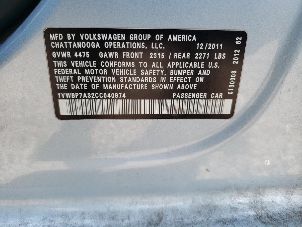 2012 Volkswagen Passat Se VIN: 1VWBP7A32CC040974 Lot: 62187035