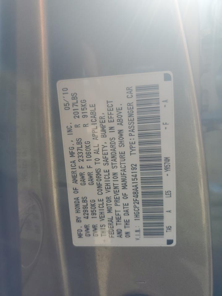 2010 Honda Accord Lxp VIN: 1HGCP2F48AA154192 Lot: 62785375