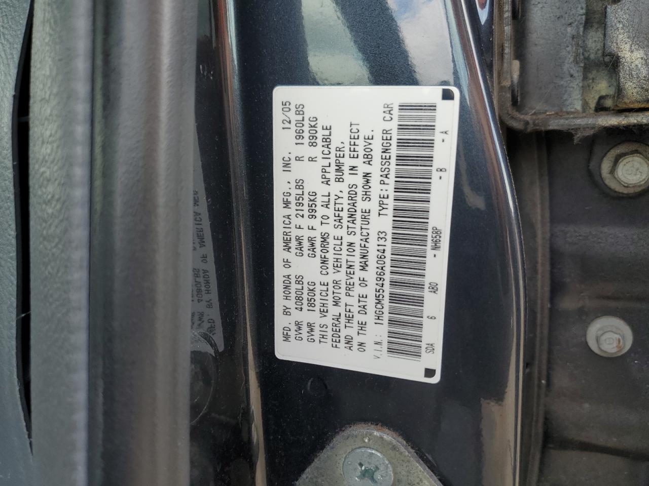 2006 Honda Accord Lx VIN: 1HGCM55496A064133 Lot: 62343295