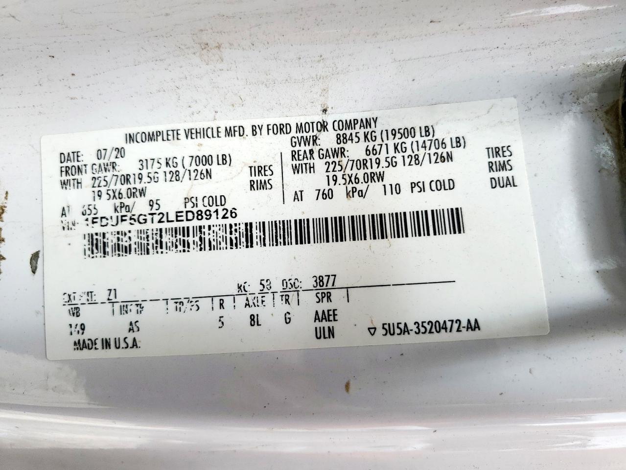 2020 Ford F550 Super Duty VIN: 1FDUF5GT2LED89126 Lot: 60223635