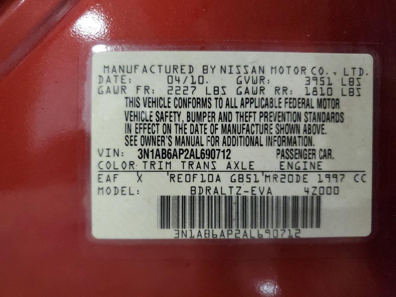 2010 Nissan Sentra 2.0 VIN: 3N1AB6AP2AL690712 Lot: 60965975