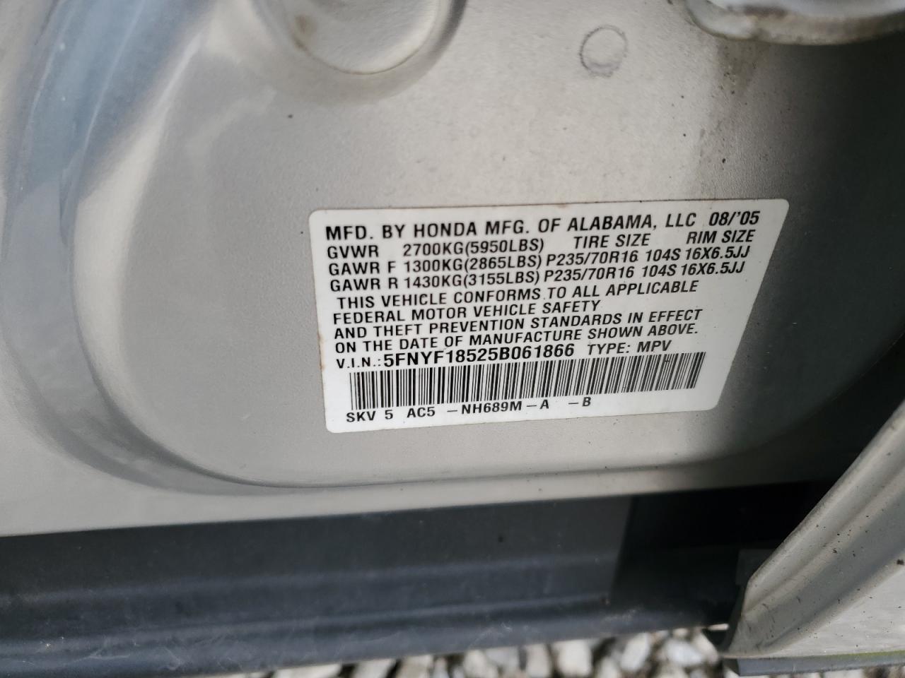 2005 Honda Pilot Exl VIN: 5FNYF18525B061866 Lot: 61494345
