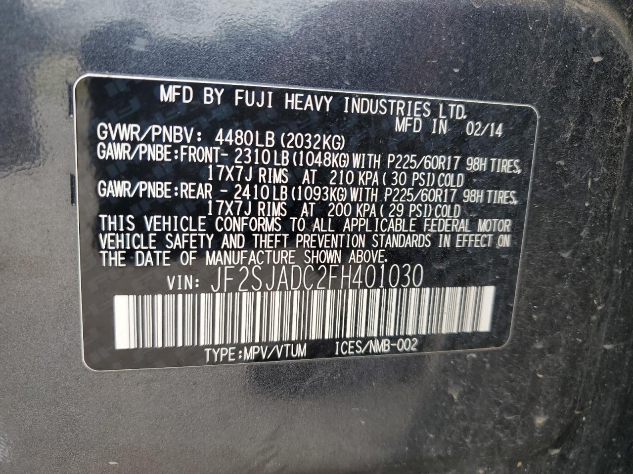 2015 Subaru Forester 2.5I Premium VIN: JF2SJADC2FH401030 Lot: 63095055