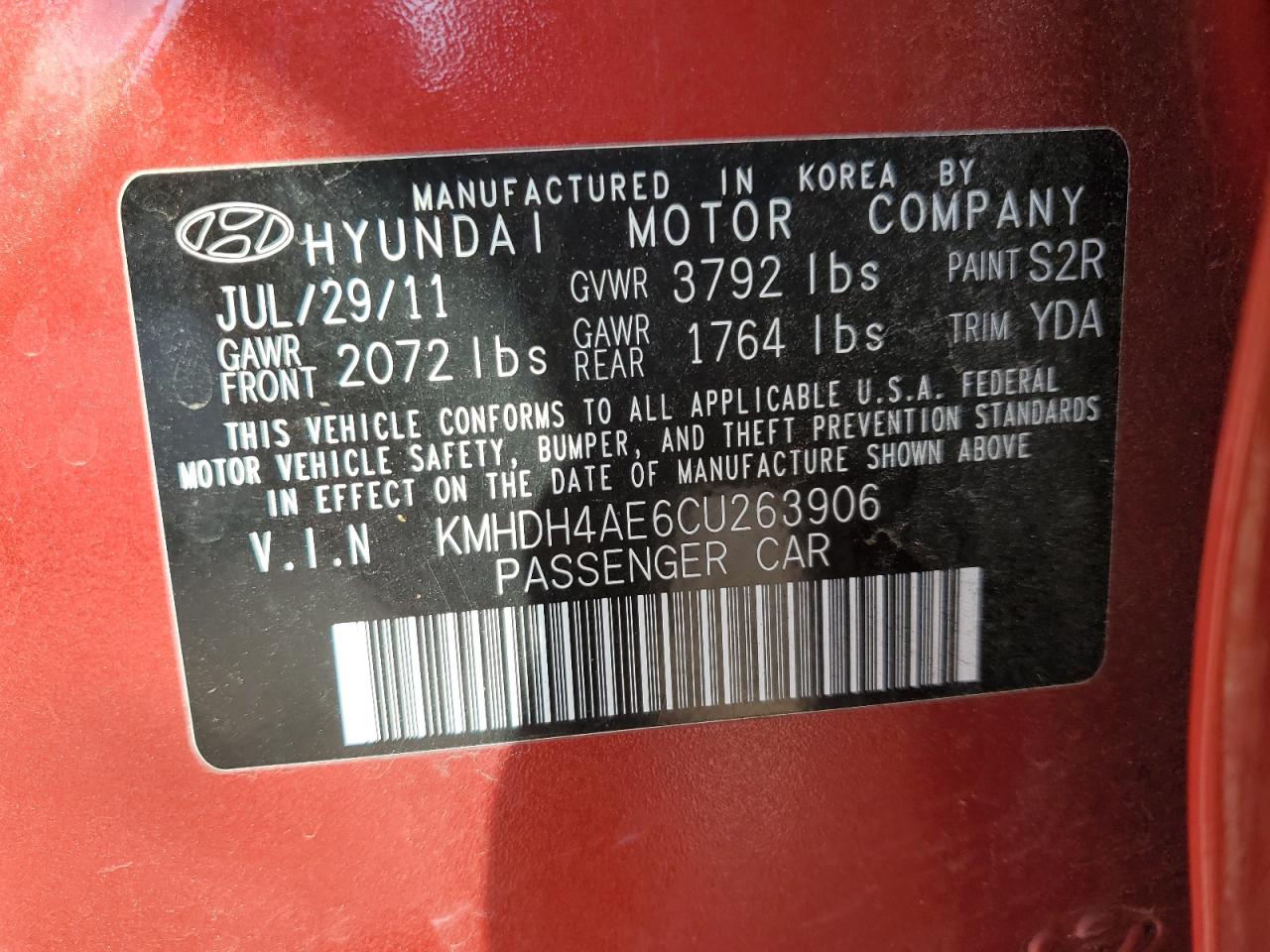 2012 Hyundai Elantra Gls VIN: KMHDH4AE6CU263906 Lot: 62289975