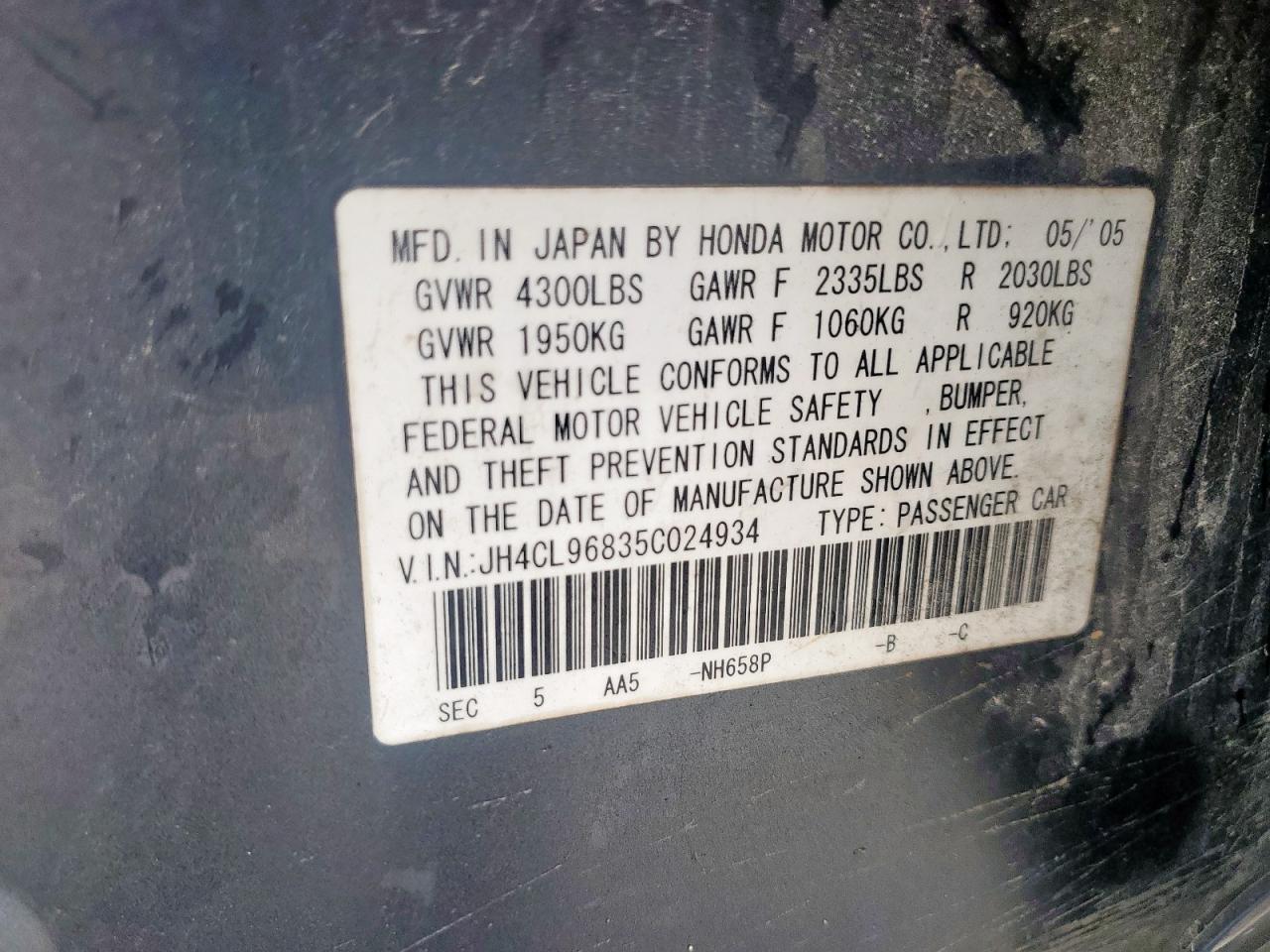 2005 Acura Tsx VIN: JH4CL96835C024934 Lot: 59910405