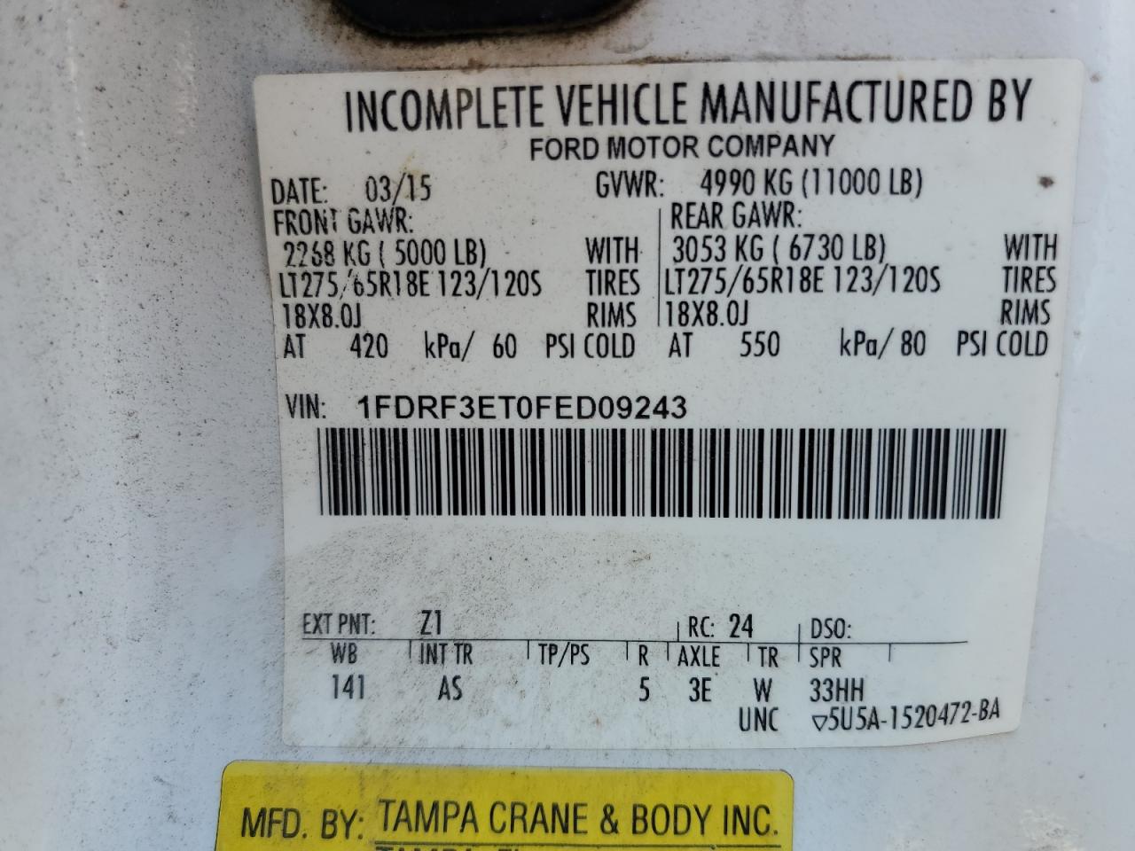 2015 Ford F350 Super Duty VIN: 1FDRF3ET0FED09243 Lot: 61984555