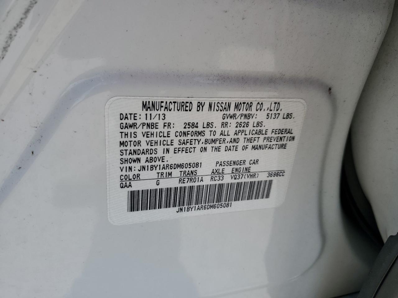 2013 Infiniti M37 X VIN: JN1BY1AR6DM605081 Lot: 61981545