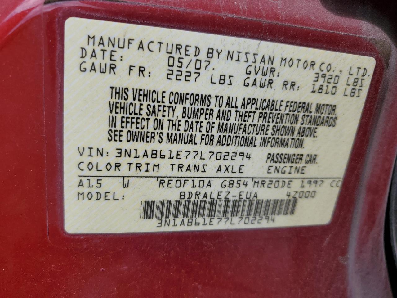 2007 Nissan Sentra 2.0 VIN: 3N1AB61E77L702294 Lot: 59768685