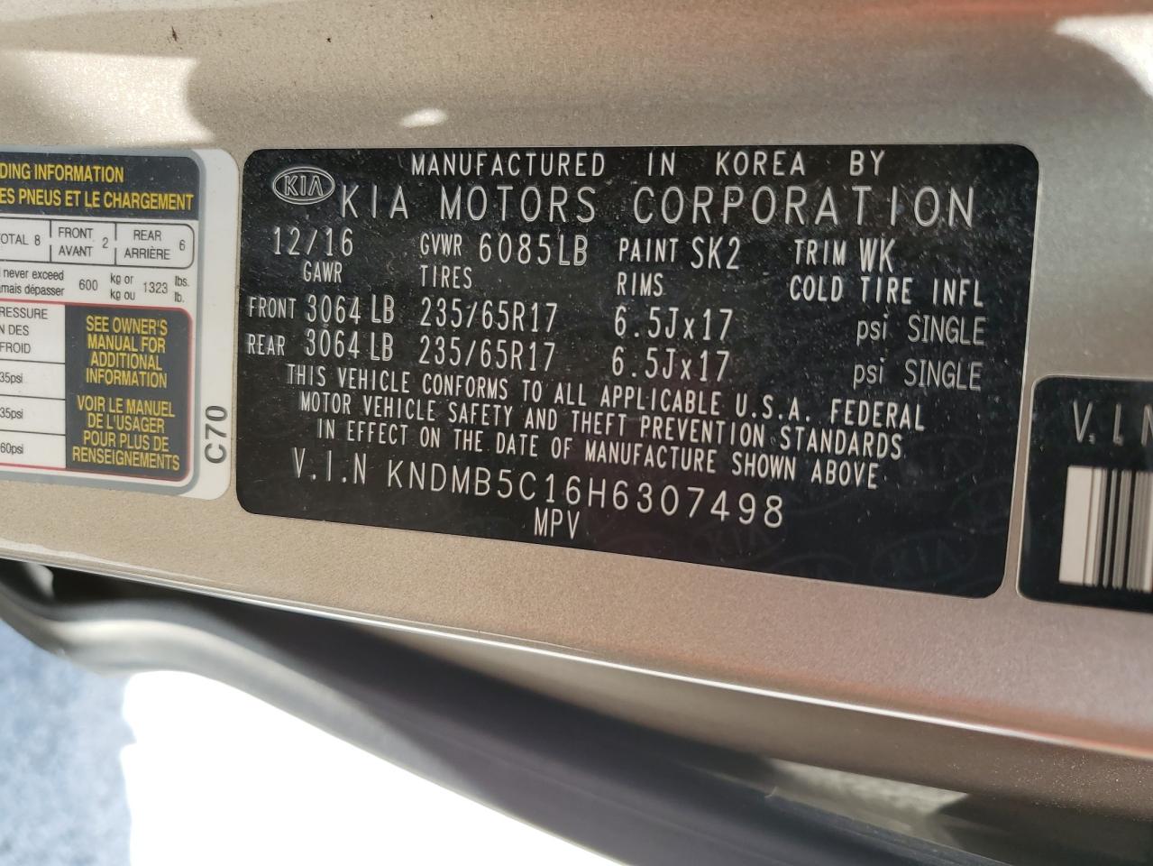 2017 Kia Sedona Lx VIN: KNDMB5C16H6307498 Lot: 60232825