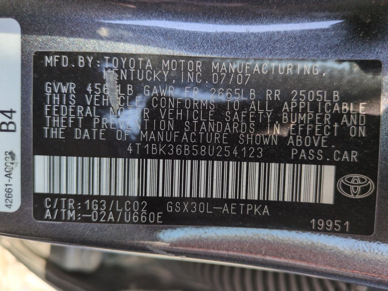 2008 Toyota Avalon Xl VIN: 4T1BK36B58U254123 Lot: 61233615