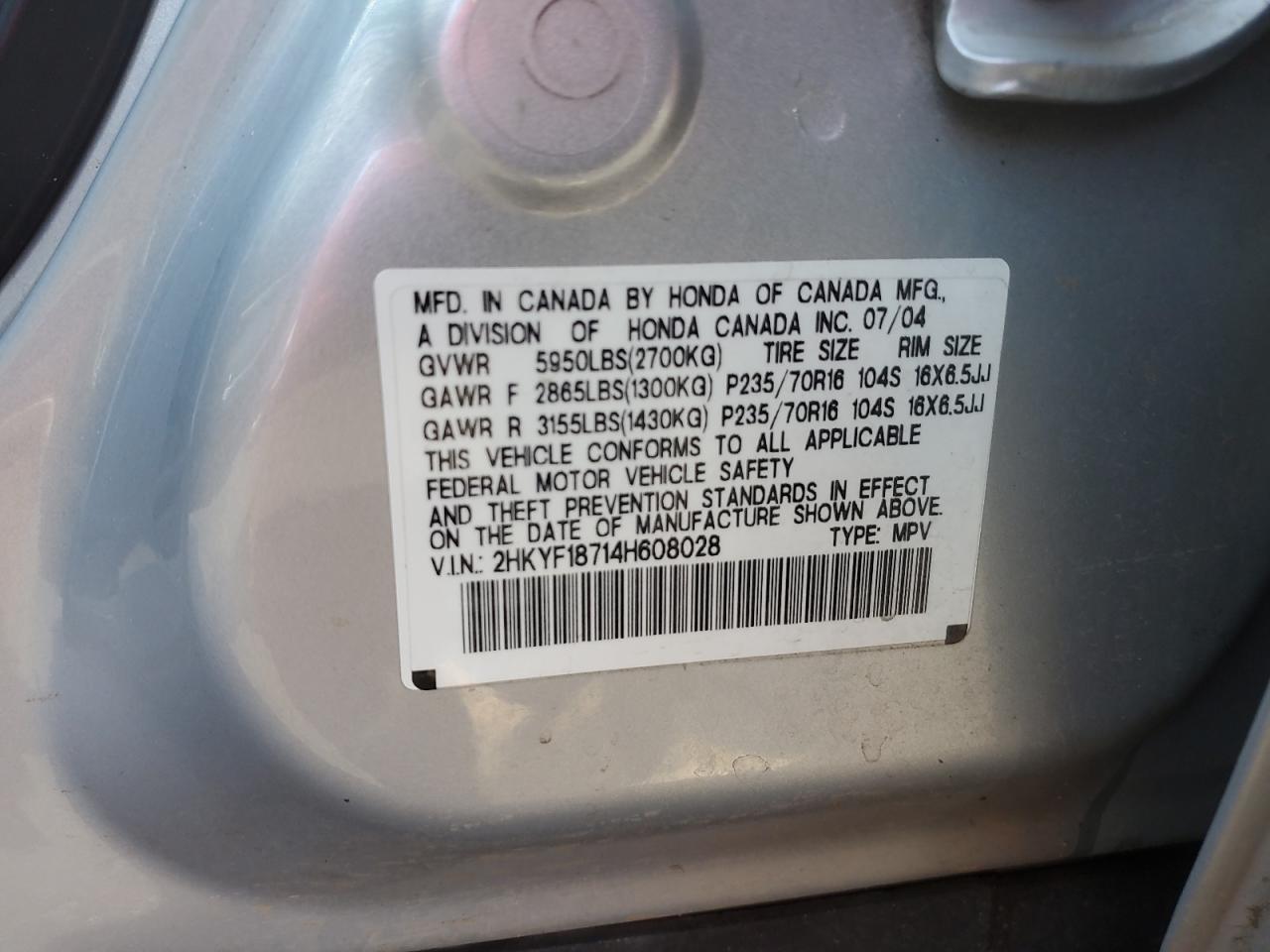 2004 Honda Pilot Exl VIN: 2HKYF18714H608028 Lot: 61622495