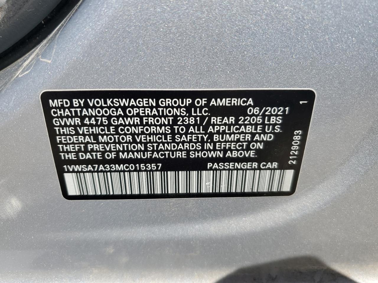 2021 Volkswagen Passat Se VIN: 1VWSA7A33MC015357 Lot: 61686245