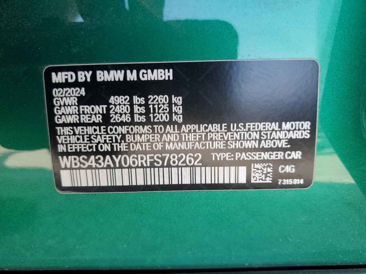 2024 BMW M3 Competition VIN: WBS43AY06RFS78262 Lot: 61053115