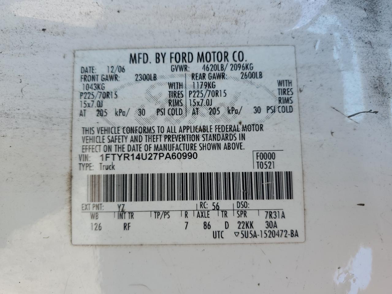 2007 Ford Ranger Super Cab VIN: 1FTYR14U27PA60990 Lot: 62609885