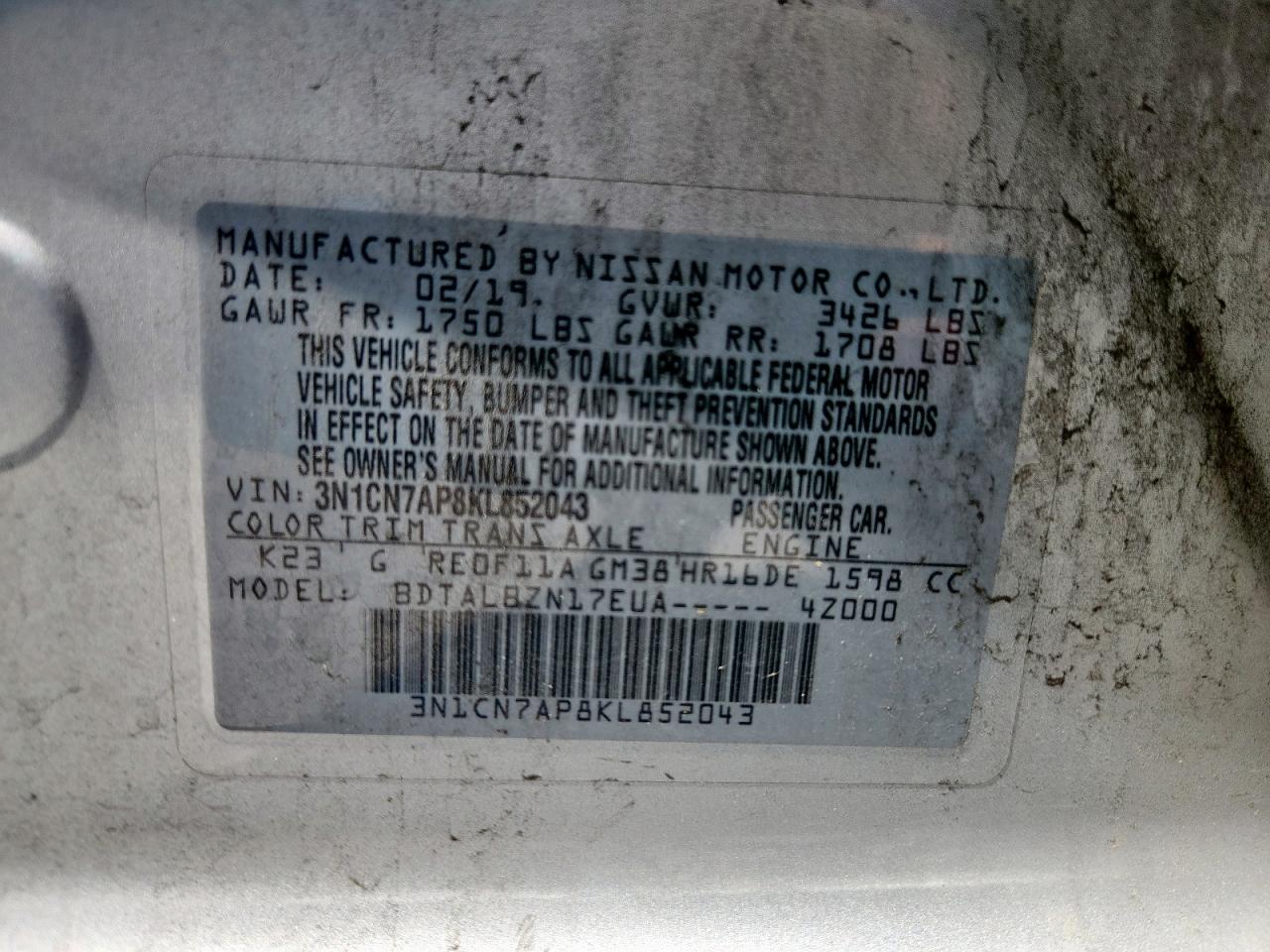 3n1cn7ap8kl852043 3N1CN7AP8KL852043 2019 Nissan Versa S